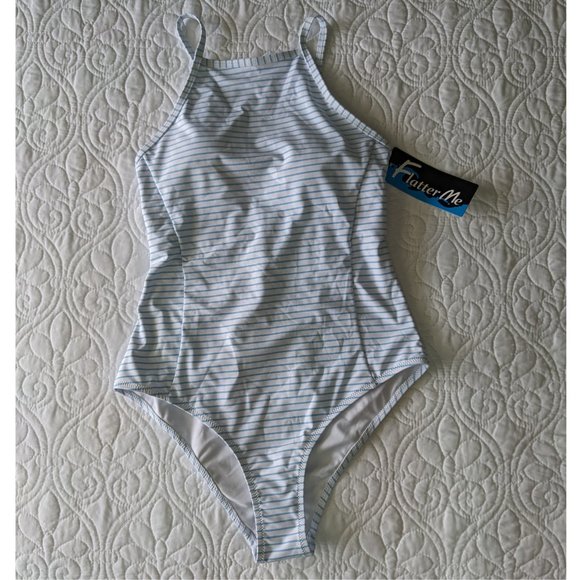 Blue White Criss Cross Lace Up Tie Back One-piece Swimsuit Flatter Me BOHO Small - Picture 6 of 11